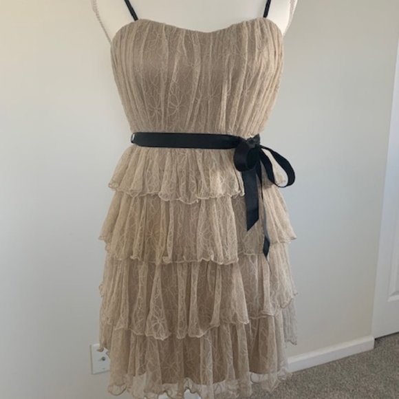 City Triangles Beige with Black Ribbon Lace Ruffle Dress - Picture 1 of 6